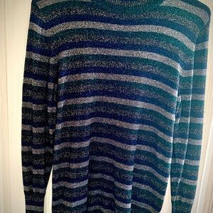Striped silver ,blue and green woman’s mock neck sweater